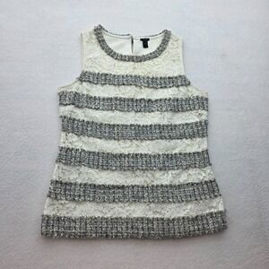 J Crew Ivory Fringey Tweed & Lace Sleelesless Top‎ Womens S Lined